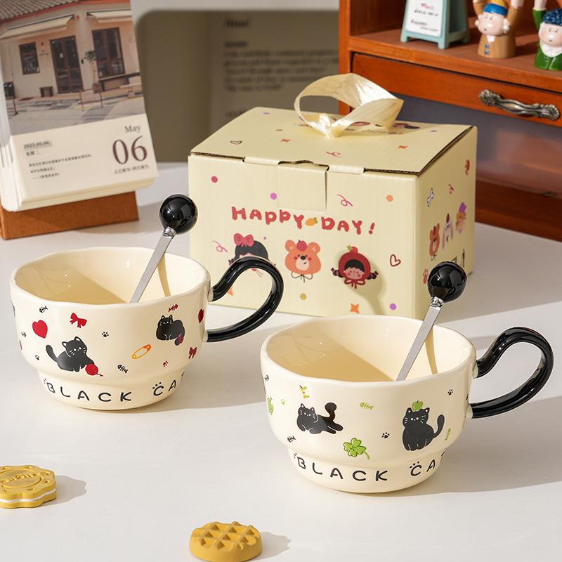 Creative Little Black Cat Ceramic Cup with Spoon for Home Use Large Capacity Office Couple Cup High Value Souvenir Gift Mug