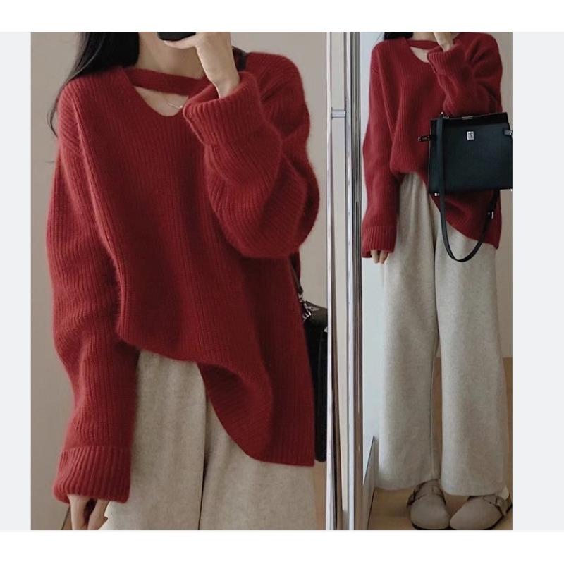 V-neck Knitted Sweater for Women Autumn and Winter Thick Design Lazy Style Sweater Top