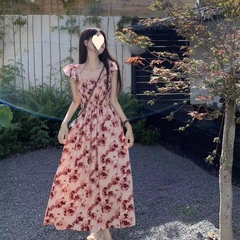 Super fairy Mori dress summer new small flying sleeves sweet temperament gentle wind floral medium and long dress S