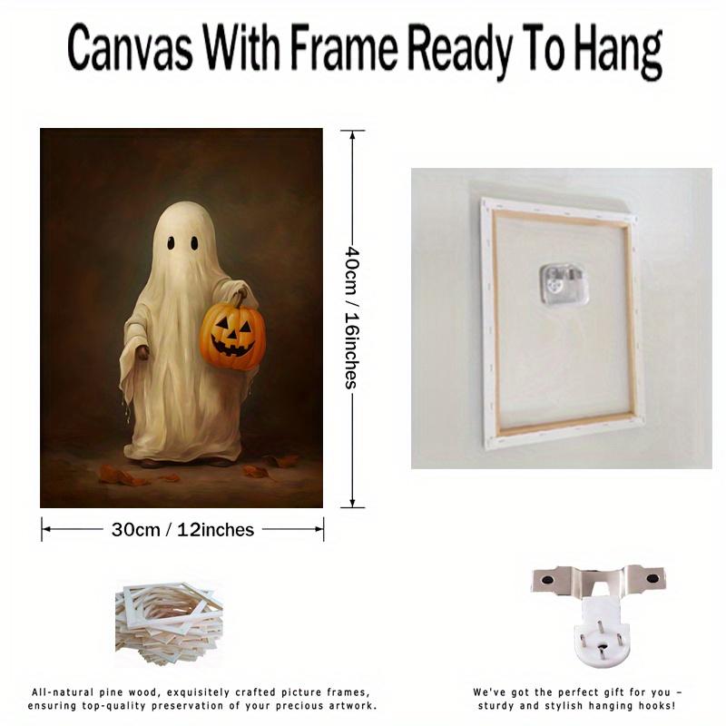 with Wooden Frame - Halloween Modern Art Canvas Poster - Cute Ghost Face Ghost Pumpkin Poster New Year Easter Gift