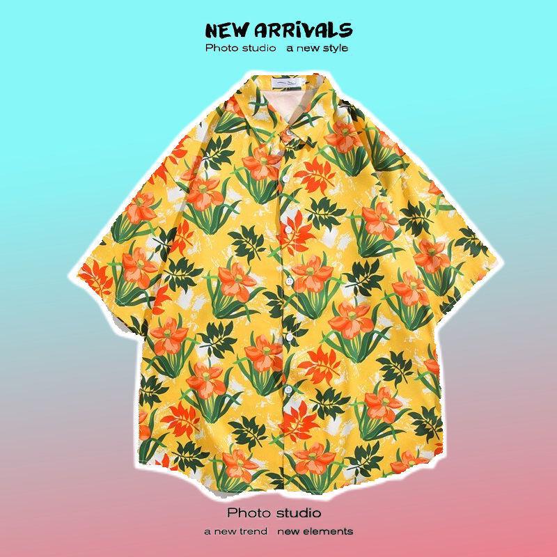 Pánská košile s krátkým rukávem v retro květinovém stylu ve stylu Hongkongu - Havajský design, Rebelská, Všestranná, Volný střih, Letní nošení, Ideální pro páry.