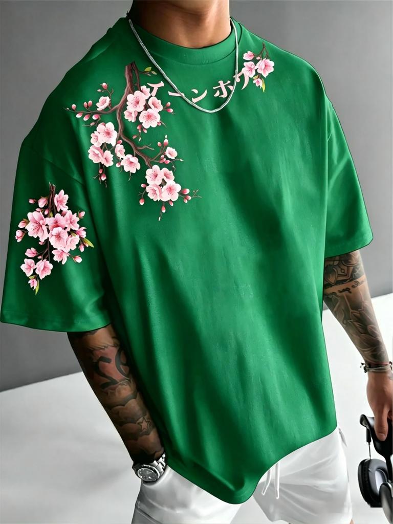 Summer Personalized Cherry Blossom Branch Letter Print Soft and Breathable Round Neck T-Shirt Outdoor Street Top