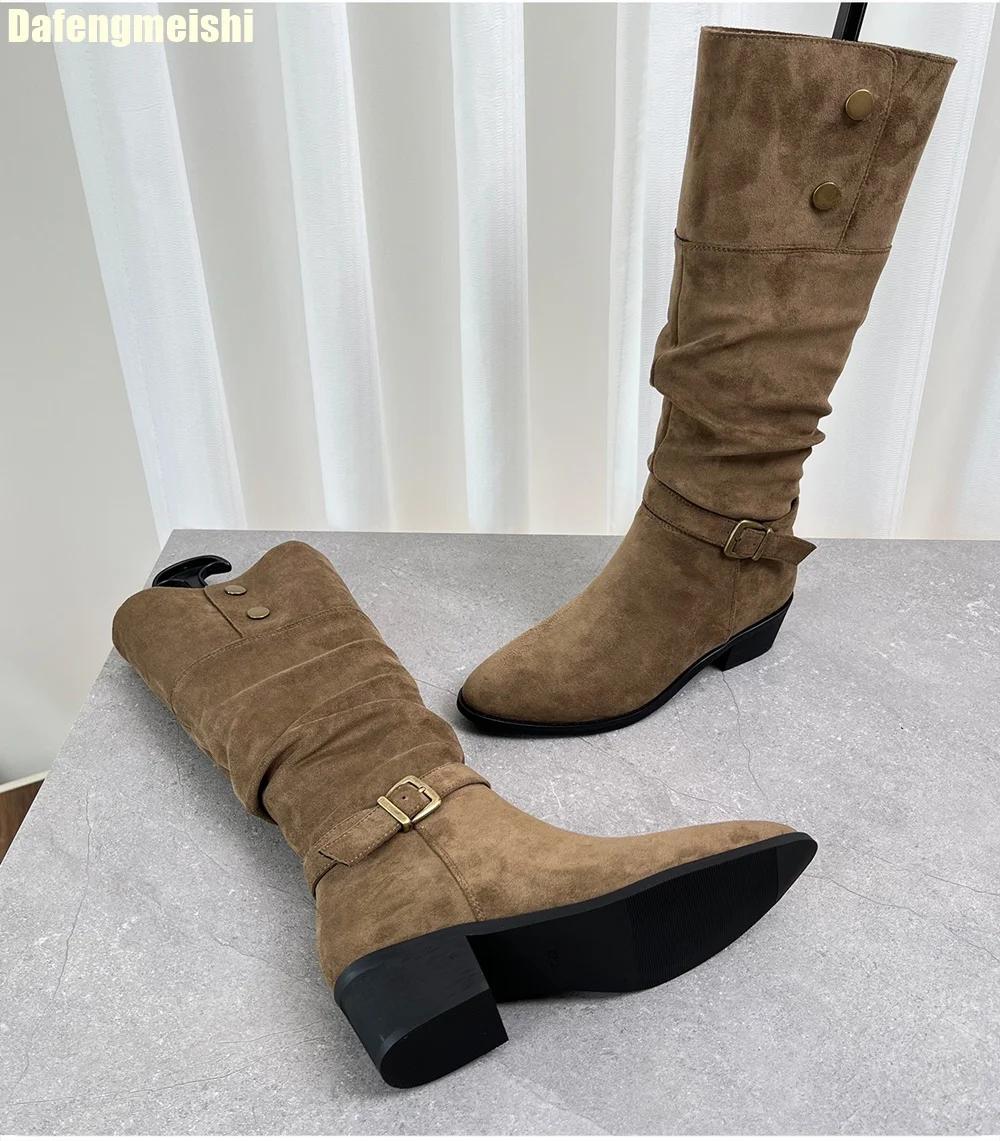 

Fashion 2025 New Winter Thick Heel Boots Women Western Cowboy Pointed Toe Black/khaki Suede Knee-High Boots Turned-Over Edge Boots 40
