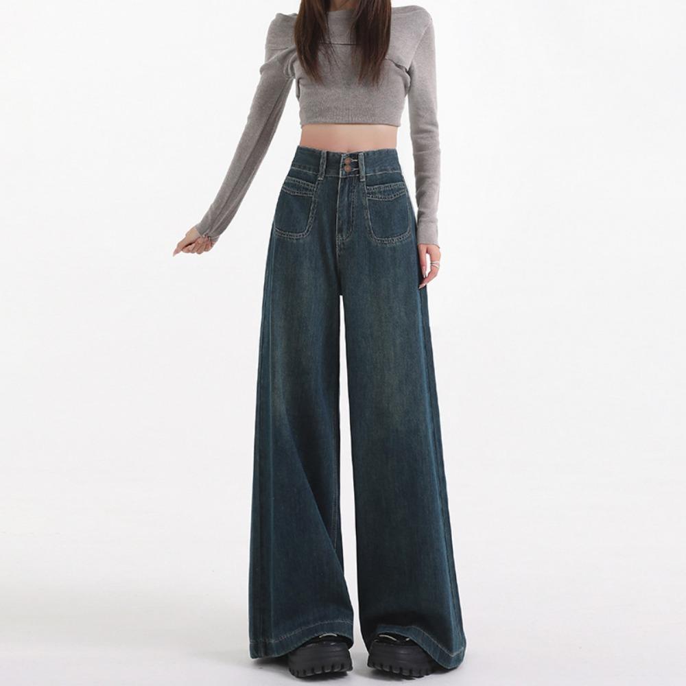 Street personality wide-leg jeans women's spring and autumn new retro wide-leg pants pear-shaped body mopping pants