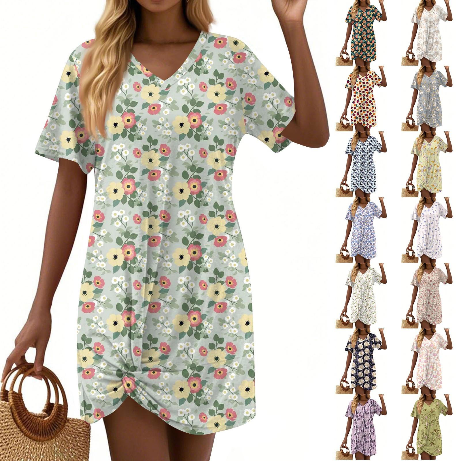 

Women s Summer Casual Floral Printed Hem Knotted Short Sleeve Dresses L