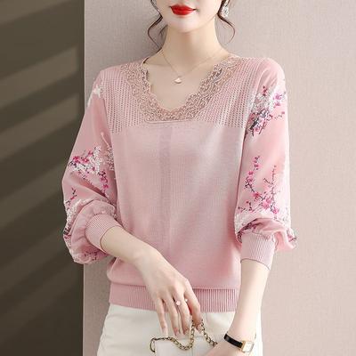 Elegant Knit Blouse for Women Fashion Mom Tops Middle Age Ladies Casual Shirt