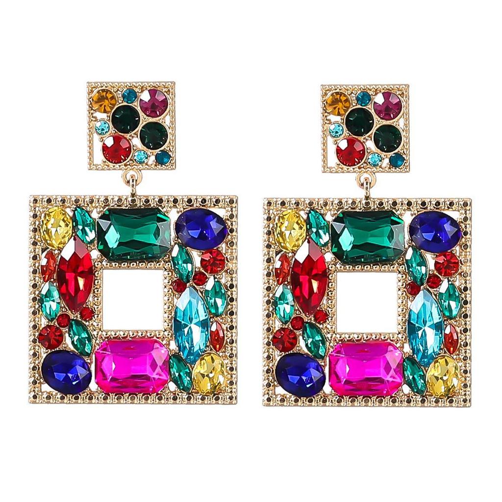 European & American Fashion Multilayer Colored Diamond Square Earrings