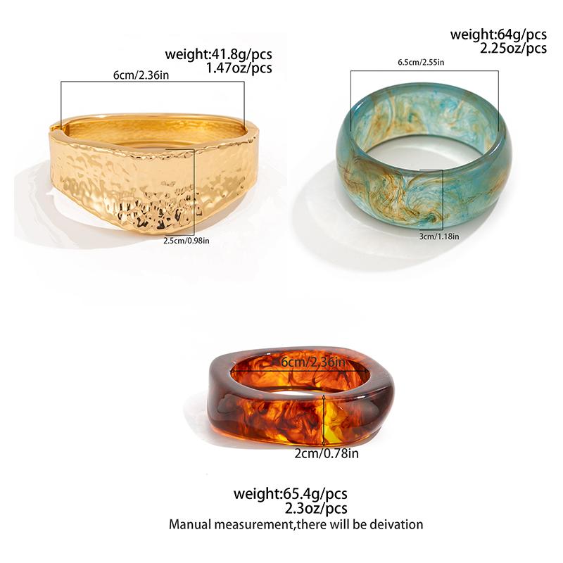 Ingemark 3 Styles Boho Irregular Chunky Resin Wide Bangles for Women Trendy Vintage Metal Spring Bracelets Party Daily Jewelry