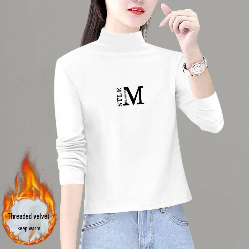 Women's 2024 Velvet Base Shirt: Long-Sleeve, Half-High Neck Top for Spring & Autumn, Trendy and Stylish.