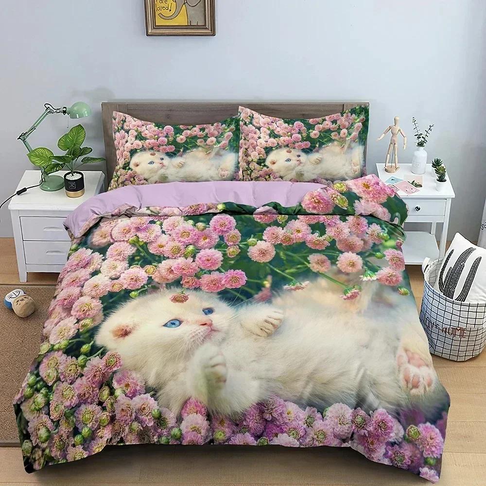 3D Animal Bedding Set Cute Cat Printed Duvet Cover Set Twin Double Full Queen King Size Comforter Cover With Pillowcase