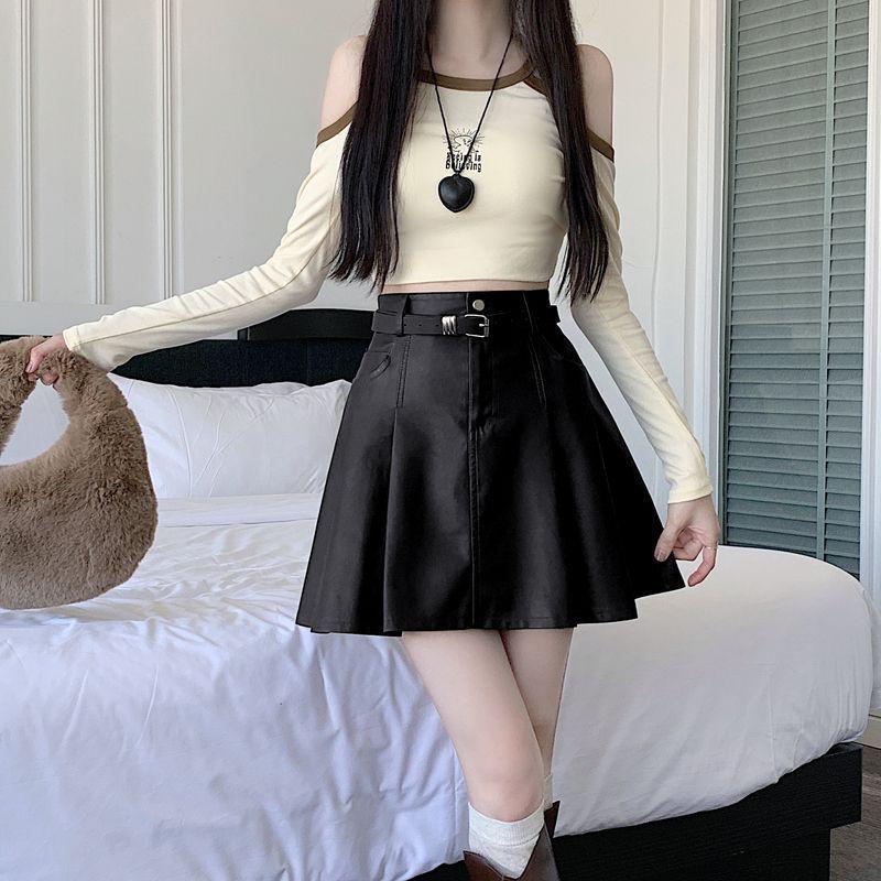 2025 A/W High-Waisted PU Leather Pleated Skirt with Belt – Versatile, Anti-Exposure, Slimming Short Skirt