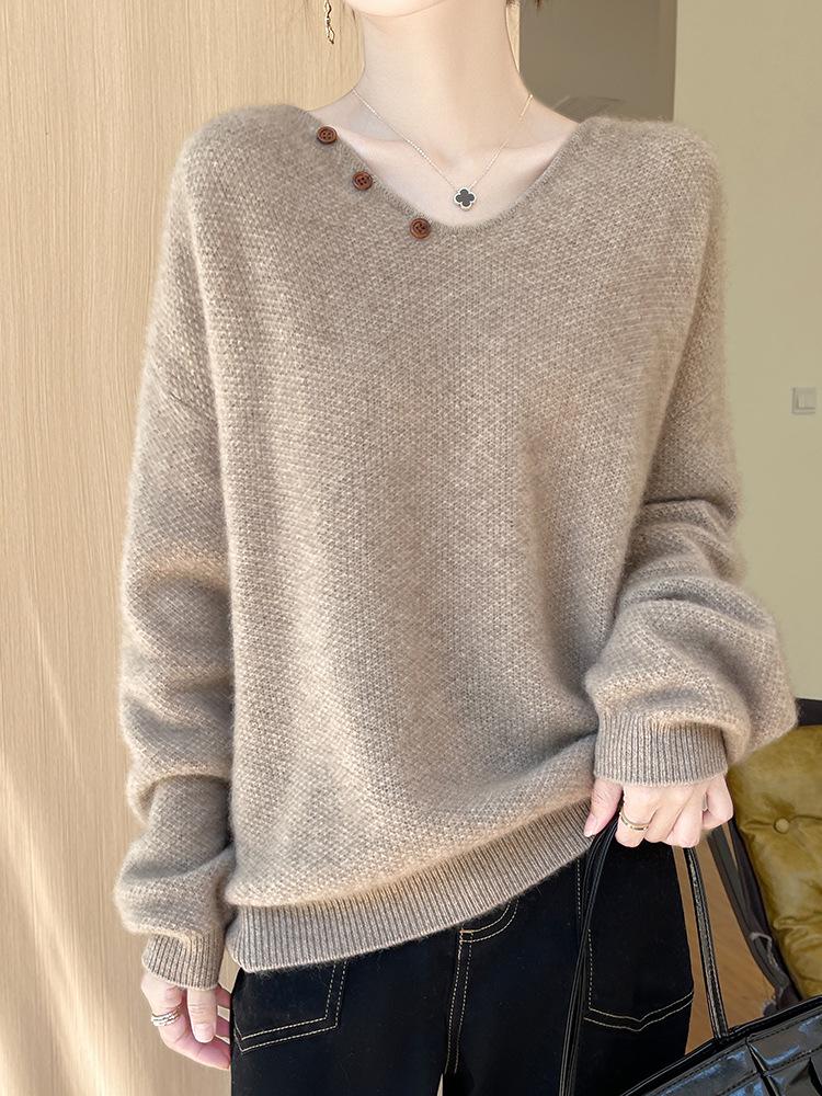 Women's V-Neck Cable Knit 100% Wool Sweater - Autumn Winter Solid Color, Loose Fit, Long Sleeve, Lazy Style, Base Layer.