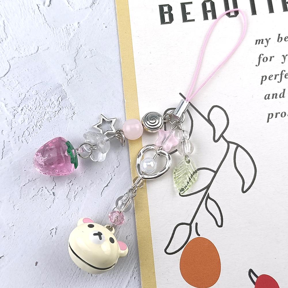 Cute Bell Bear Pendant Matching Phone Charms Keychains Handmade Rilakkuma Strawberry Beaded Accessories Jewelry Couple Gifts