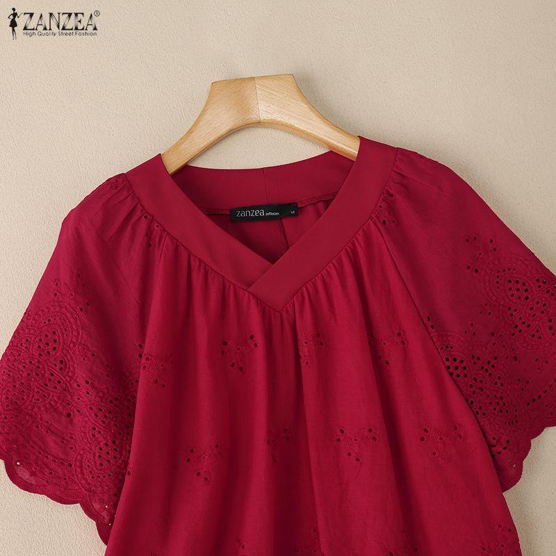 ZANZEA Women Casual V-Neck Short Sleeve Patchwork Crochet Blouse
