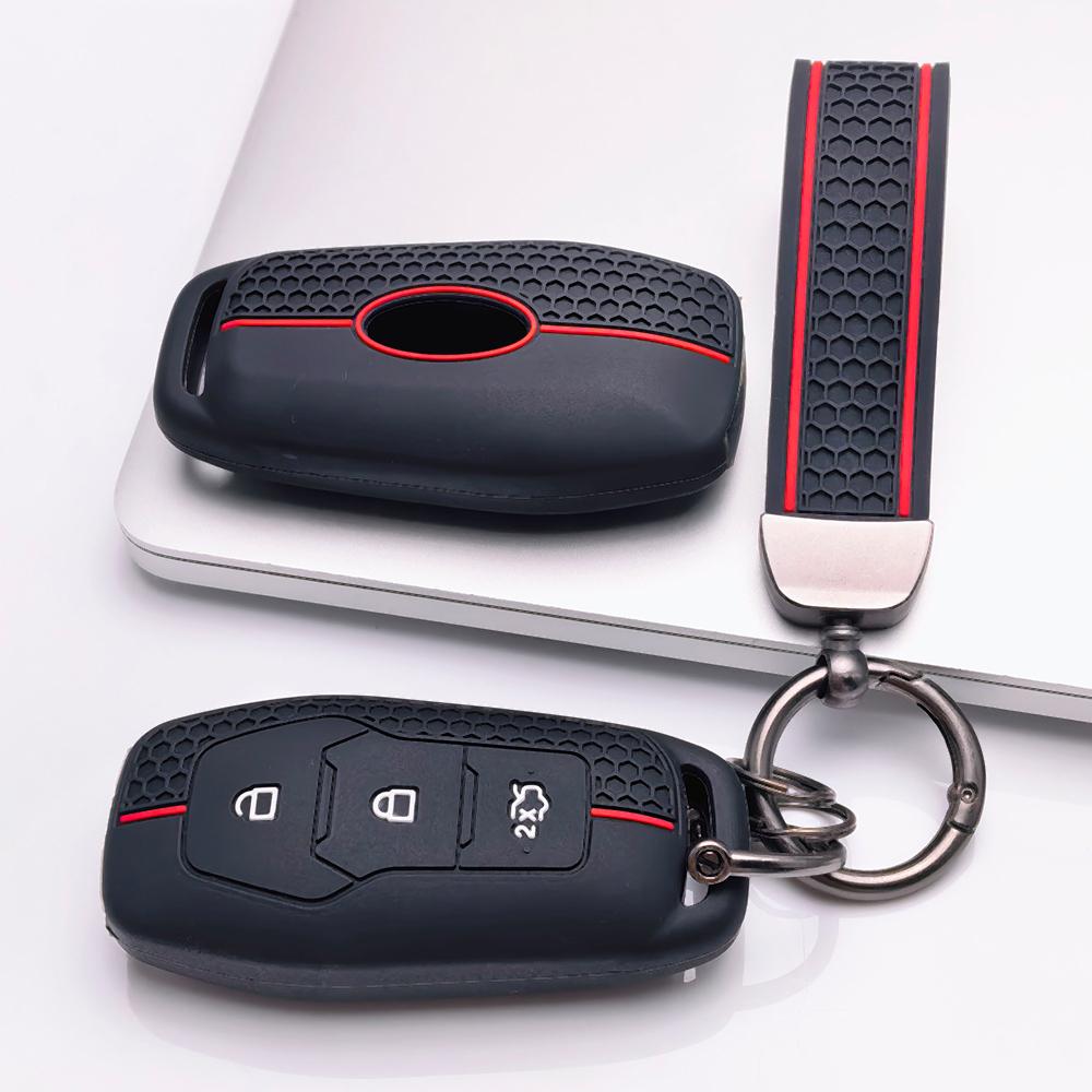 Silikonowe etui na kluczyk z brelokiem do Forda 3-przyciskowego kluczyka Smart, Pasuje do Forda Focus Mondeo Kuga Escape MK4 Mustang, Z antypoślizgowym uchwytem o strukturze plastra miodu