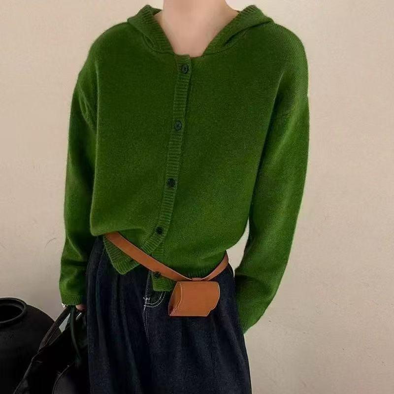Retro autumn and winter new casual hooded knitted cardigan for women loose soft waxy thin sweater jacket for women