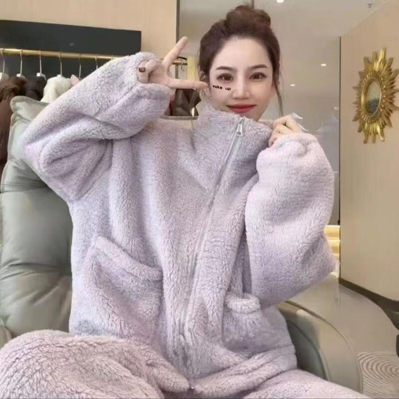 LangSha Korean Style Women's Autumn Winter Fleece Thickened Flannel High Neck Warm Set Casual Homewear Outerwear