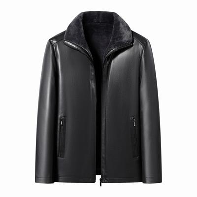 New Leather Jacket for Men with Velvet and Thickening for Middle-aged and Elderly Men with Fur Integrated Winter Daddy Lapel Warm Leather Jacket