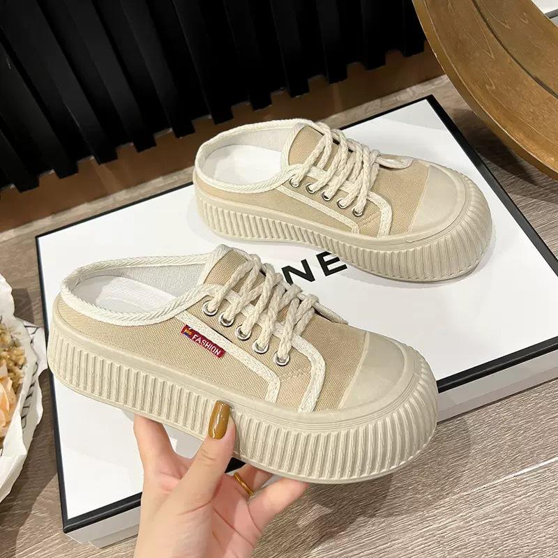 Korean Fashion Trend Women's Canvas Shoes New Breathable and Comfortable Thick Sole Half-support Casual Travel White Shoes