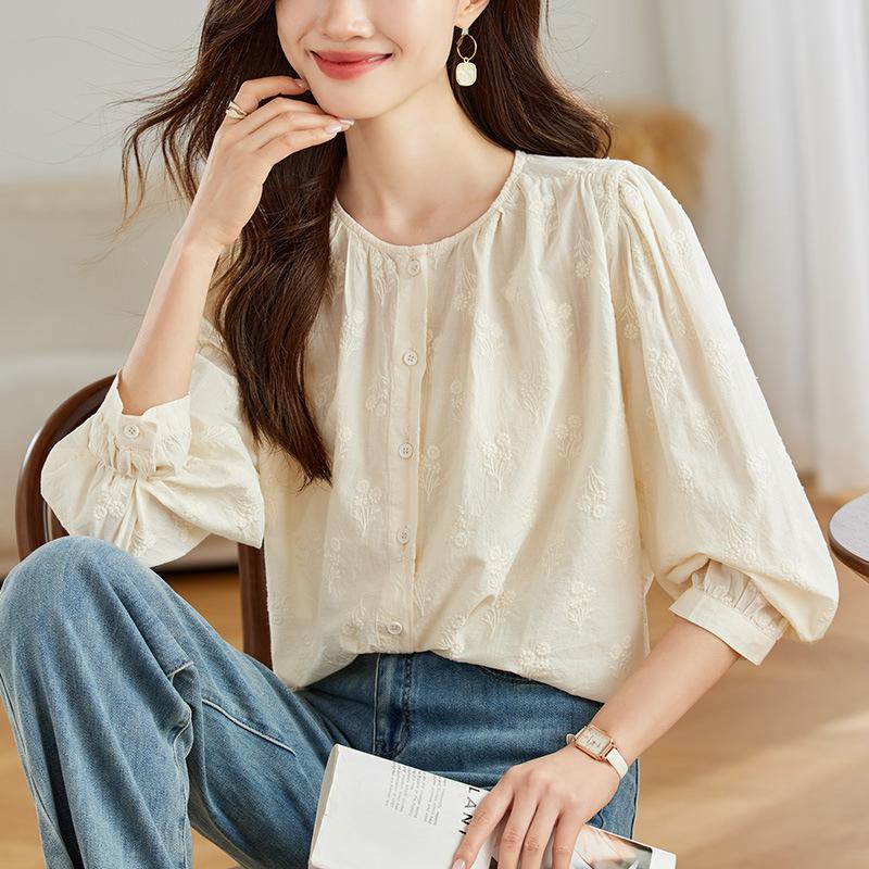 

Sweet Temperament Jacquard Round Neck Shirt for Women In Women s Spring New Casual Loose Slimming Shirt for Women M