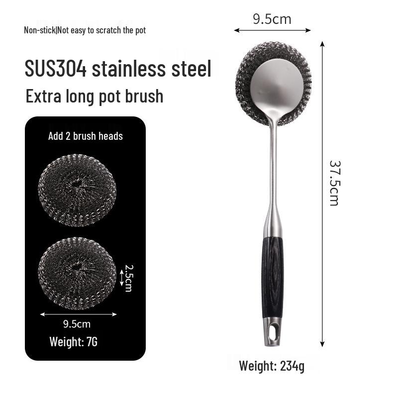 304 Stainless Steel Long Handle Pot & Grill Cleaning Brush - Gentle on Hands