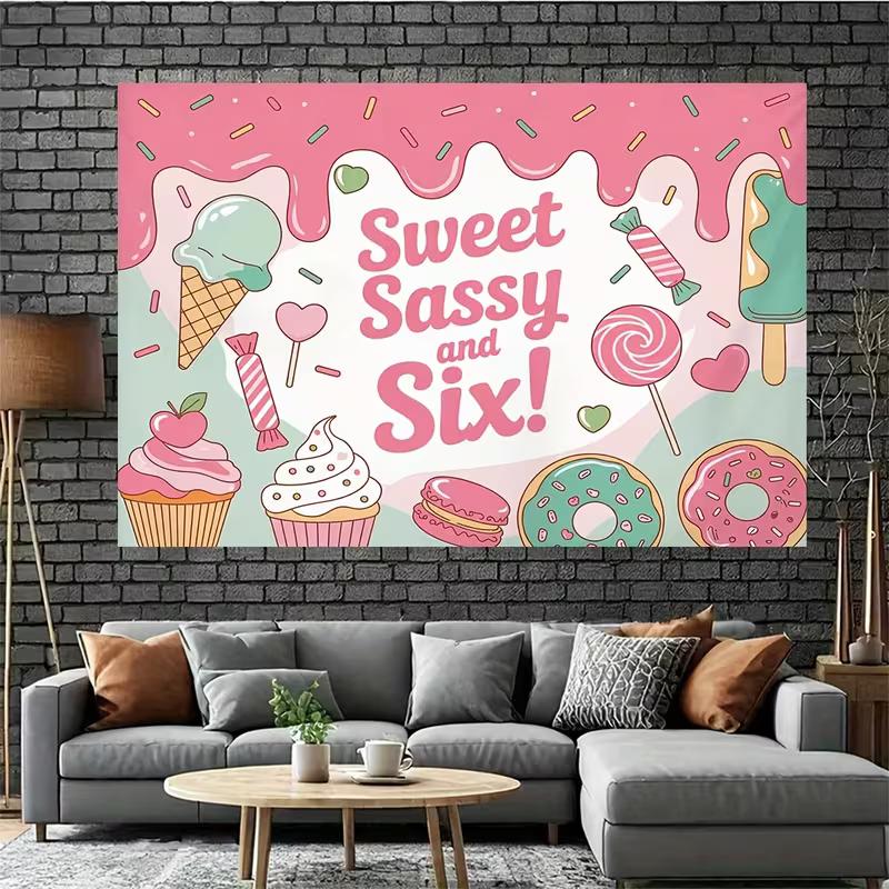 2D 6th Birthday Sweet Treat Background Cloth, Pink Ice Cream Party Backdrop