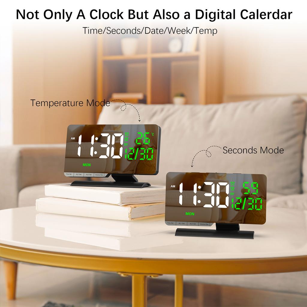6.6 Large Display Digital Desk Clock, Dual Alarm Clock with Indoor TemperatureCelsiusDate, USBCelsiusType-C Charging Ports, 6- Dimmer, 5 Volume