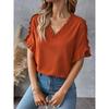 Letnie Bluzki Proste Jednokolorowe Krótki Rękaw Słodkie Falbanki Dekolt V Koszula Top Damska Koszula