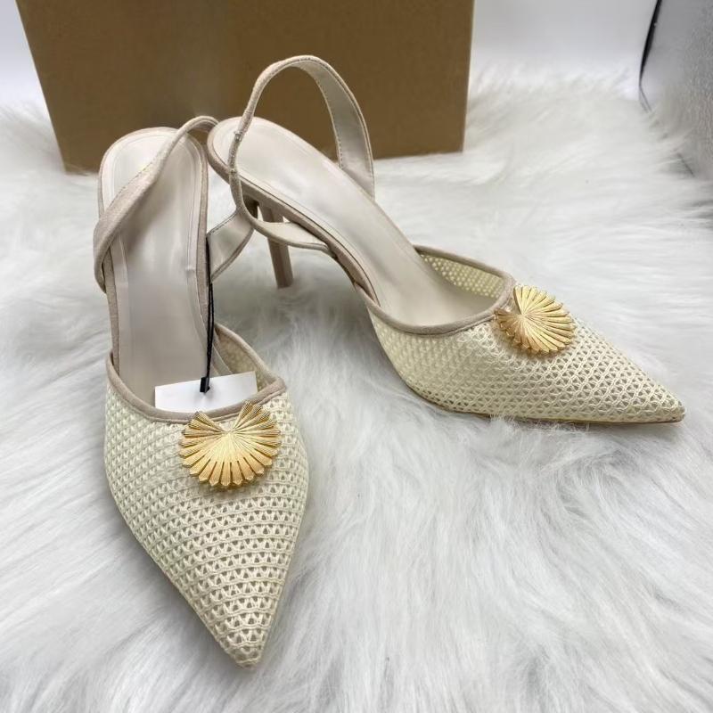 

Luxurious Slingback Pumps with Gold Fan Decoration Beige Woven Heels, Sexy Pointed Toe Sandals for Elegant Party 42 бежевий