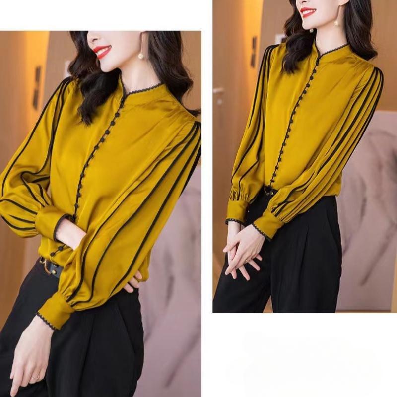 Elegant Fashion Casual Solid Satin Button Shirt Autumn  Stand Collar Long Shirt Sleeve Loose Pullovers Tops Women's Clothing