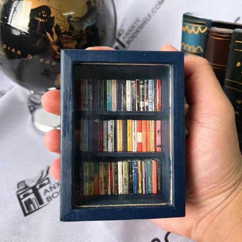 Creative Stress Reliever Miniature Display Bookshelf Ornament with 60 pcs Mini Books Shake Away Your Anxiety