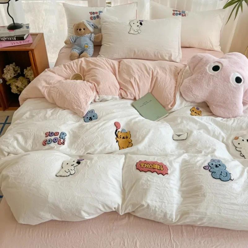 

New washed cotton towel embroidery four-piece set animal paradise bed sheet bed hat home student dormitory three-piece set 1.2m sheet 3pcs