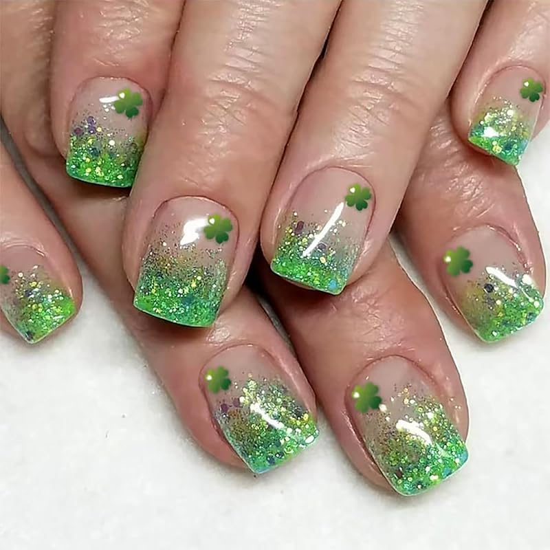 St. Patrick’s Day Nails Press On Nails Medium Square Green Fake Nails Shamrock False Nails With Green Glitter Designs Acrylic Nails Full Cover shamrock11