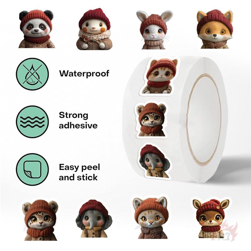 500Pcs/Roll Q Animals Wearing Knitted Hat Kids Rewards Stickers - DIY Scrapbooks Album Decor Sealing Label Decals