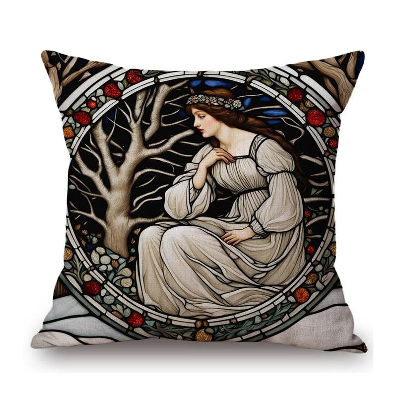 Renaissance Pre-Raphaelitism William Morris Round Stained Glass Window Elegant Lady Girl Decoration Pillow Case Cushion Cover