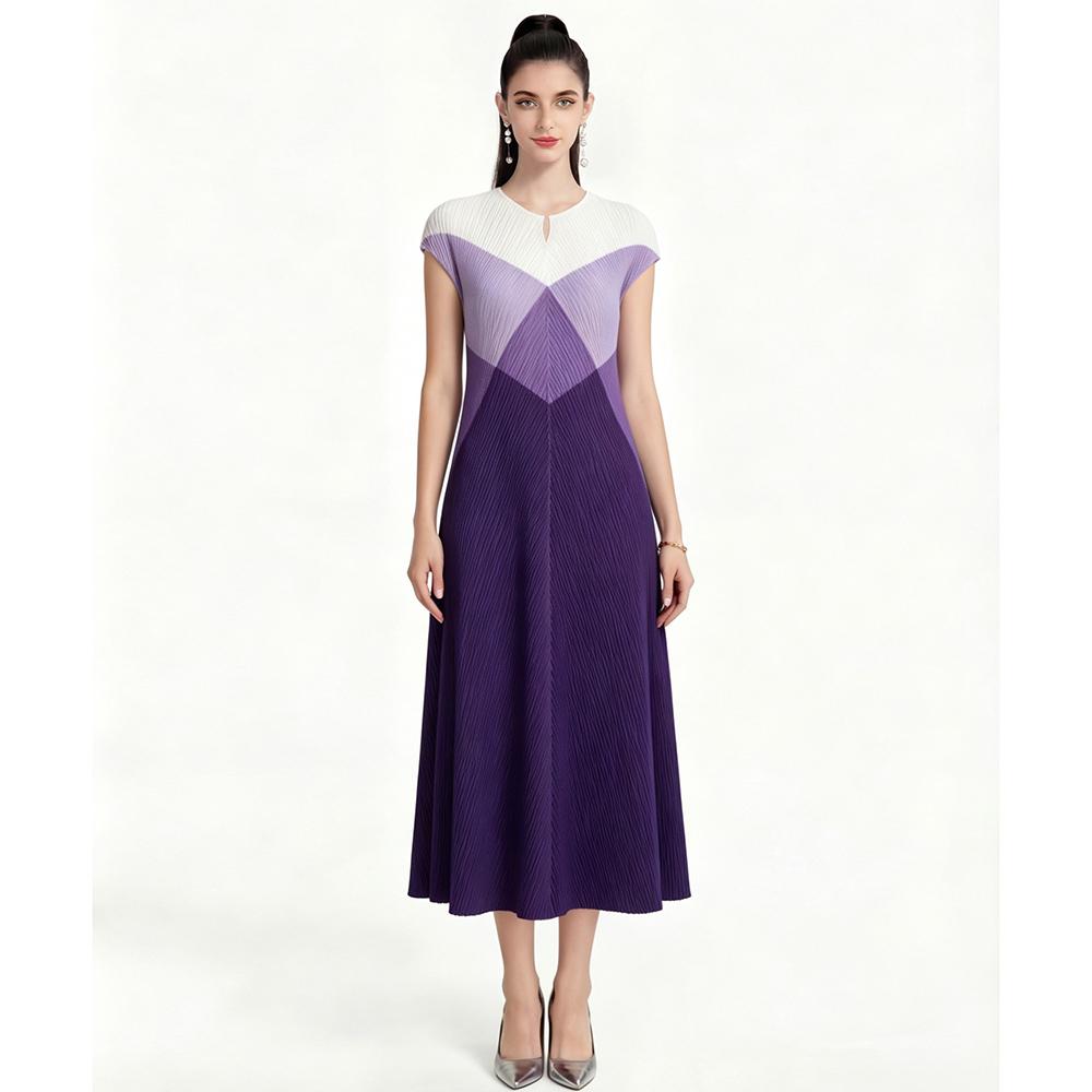 

Summer Chic Casual Round-Neck Short-Sleeve Pleated Dress Two-Tone Printed Loose-Fit Stylish Gown for Women One Size фіолетовий
