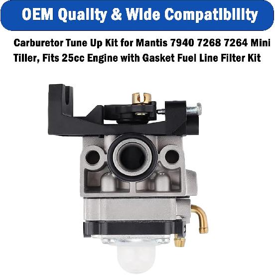 Carburetor Tune Up Kit Compatible with Mantis 7940 7268 7264 Mini Tiller, Fits 25cc Engine with Gasket Fuel Line Filter Kit