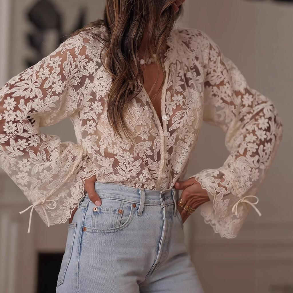 Summer Lace Shirt For Women With Long Sleeves And Round Neck In Pure Color For Street Style Fashion