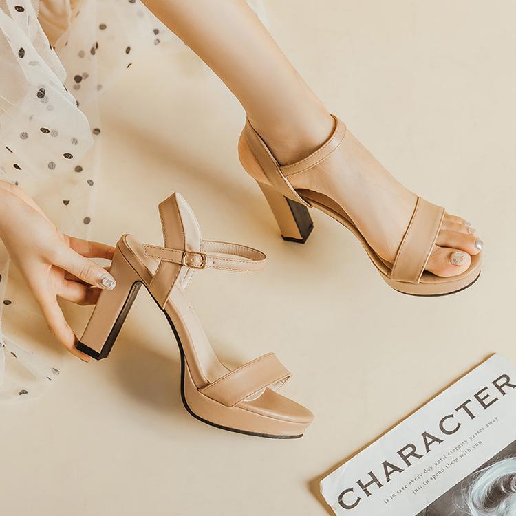 

Summer new sandals women s thick heel one-word buckle high heels 10cm heel high waterproof table open-toed women s shoes leather surface 39 абрикосовий