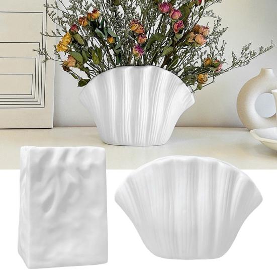 White Vinyl Shell Flower Vase Modern Pleated Flower Holder Container Home Office Table Centerpiece Decorative Floral Plants Vase