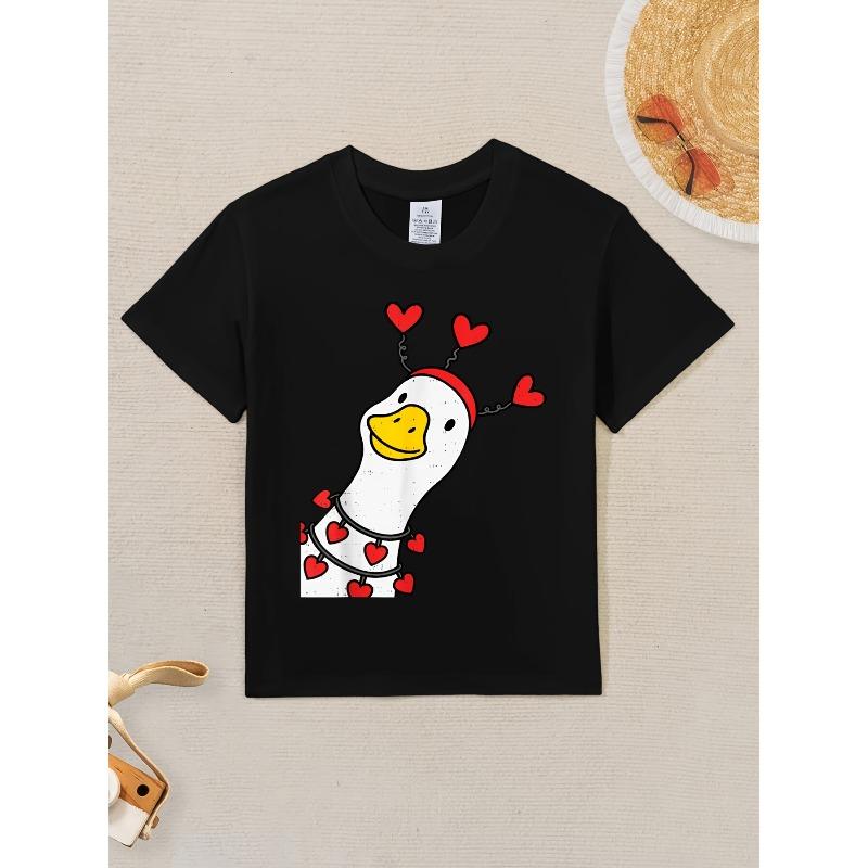 European sizes Boys & Girls Cute Goose Duck Valentines Day T-Shirt - Retro Short Sleeve Shirt with Goose & Duck Graphics, Round Neck Casual Top
