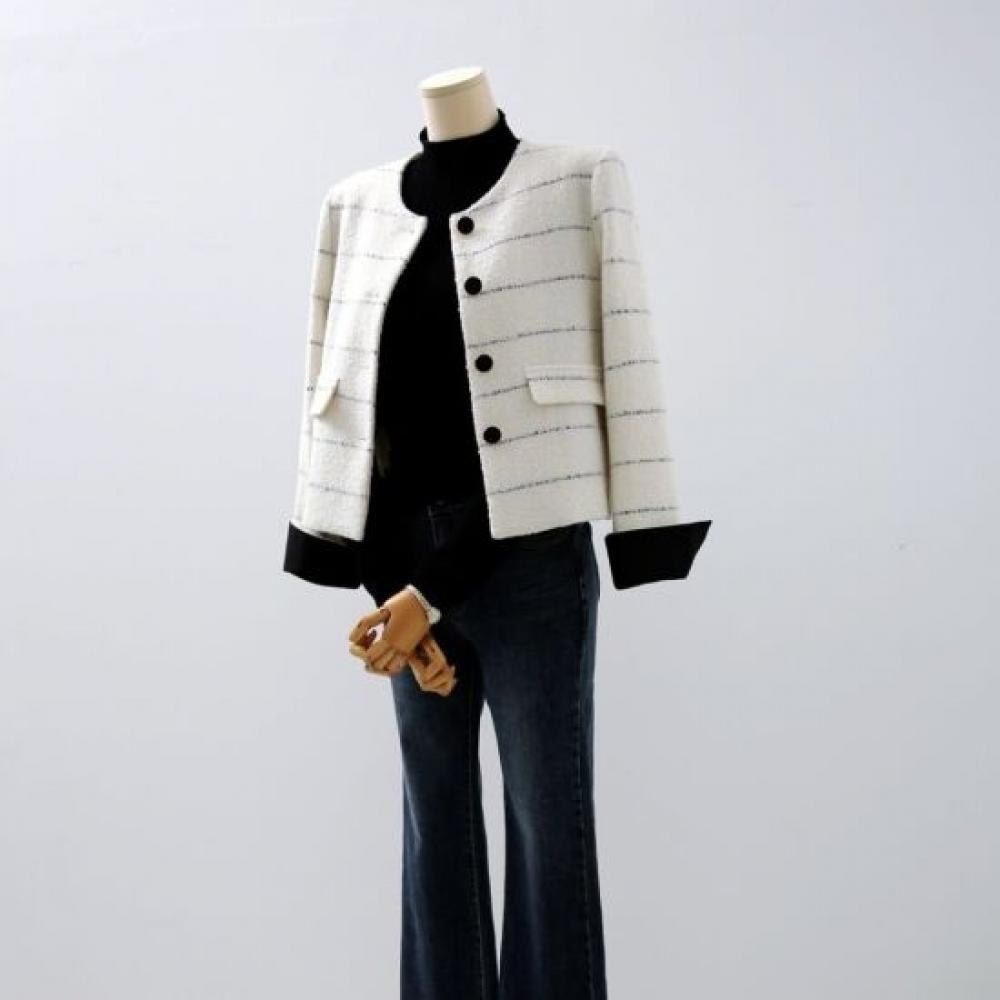 Style Latte Women Stripe Sleeve Contrast Tweed Classic Wool Jacket 140