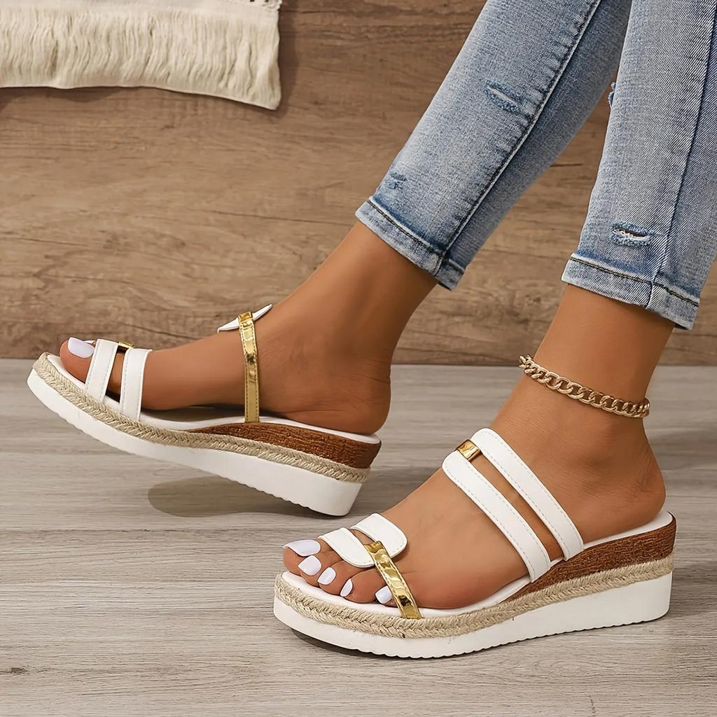Fashion Summer Casual Color Blocking Sandals For Women Dressy Comfortable Soft Leather Thick Soled Slope Woven Straw Sandals 36-43