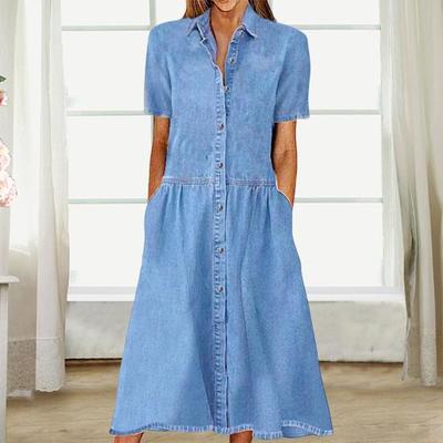 Women Dress Elegent Beauty Lady Dress Collar Splicing Summer Midi Long Lady Pocket Button Denim Loose Lapel Dress