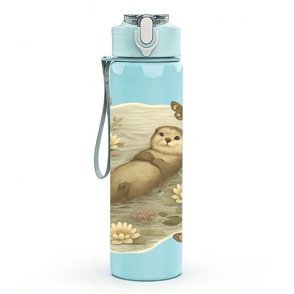 1PC Floral Floating Otter 750ml Color Plastic Sports Water Bottle Leakproof Flip Straw Lid Suitable for Sports Office Home Use