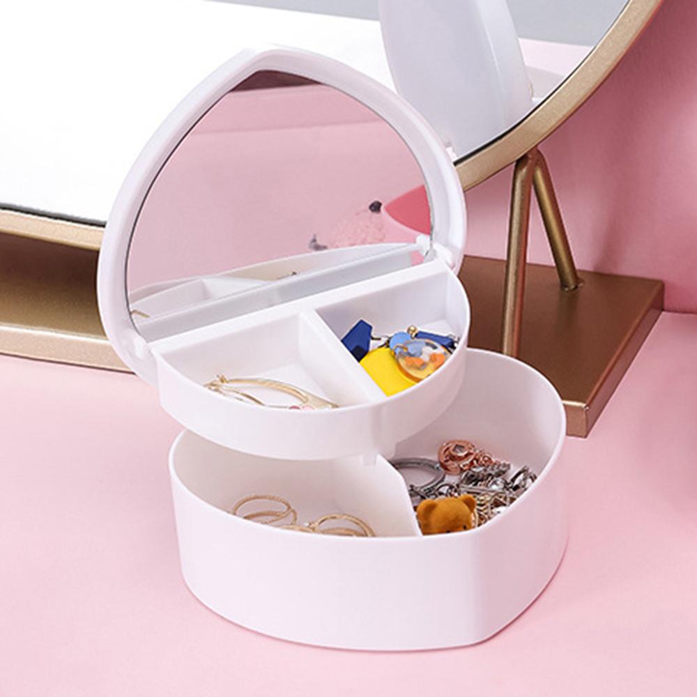 Pink Heart Shaped Double Layer Makeup Jewelry Storage Box Desktop Organizer with Mirror for Students Dormitory Accessories