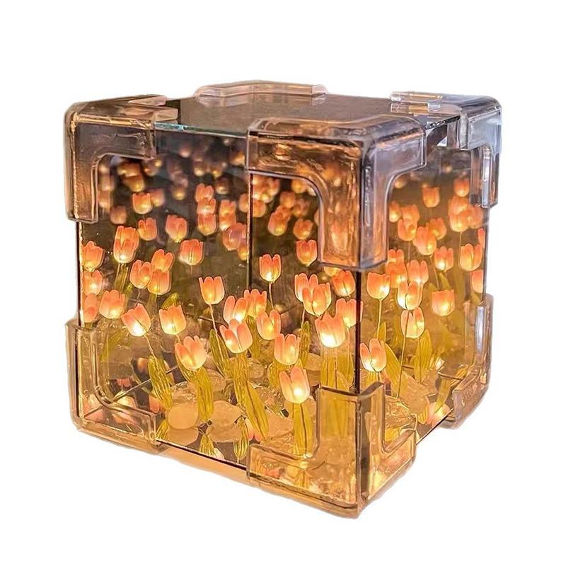 3D Mirror Night Light With Tulip Flower Sea Design, Diy Handmade Night Light Ornament, Small Gift 3D Tulip Diy Night Light