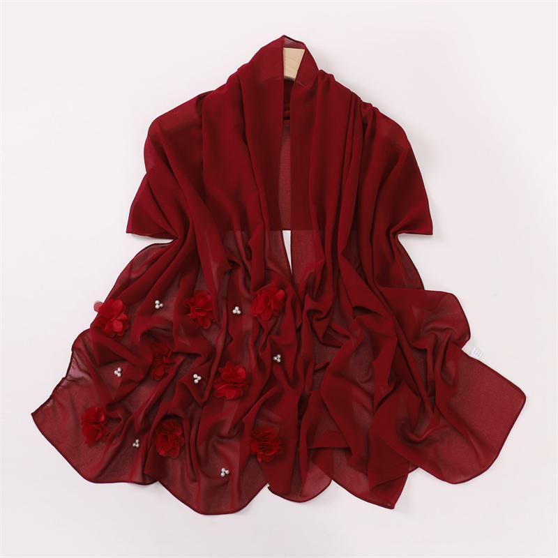 Einfacher Stich Rose Floral Blasen Chiffon Hijab Ramadan Perlen Schals Tücher Damen Sonnenschutz Kopftuch Outdoor Winddicht Kopfwickel