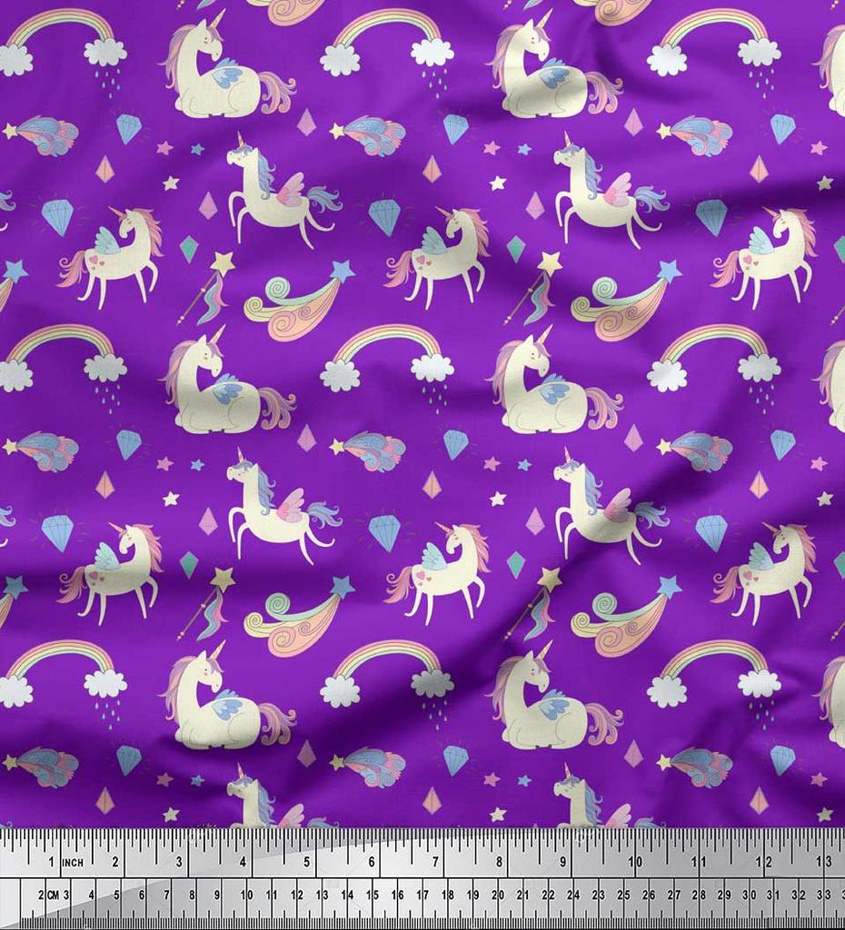 Soimoi Blue Japan Crepe Satin Fabric Rainbow & Unicorn Animal Print Sewing Fabric metre 42 Inch