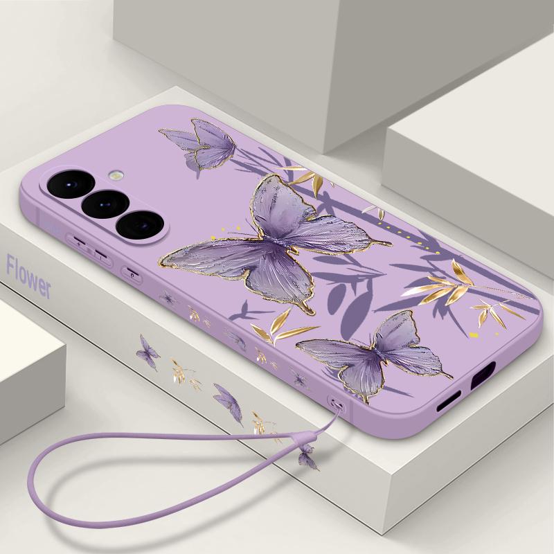 Case For Samsung Galaxy S24 S25 Ultra S23 S22 Ultra S21 S20 FE Butterfly Bamboo Pattern Lanyard Case For Samsung A56 A17 A26 A16 A36 A55 A54 A53 A15